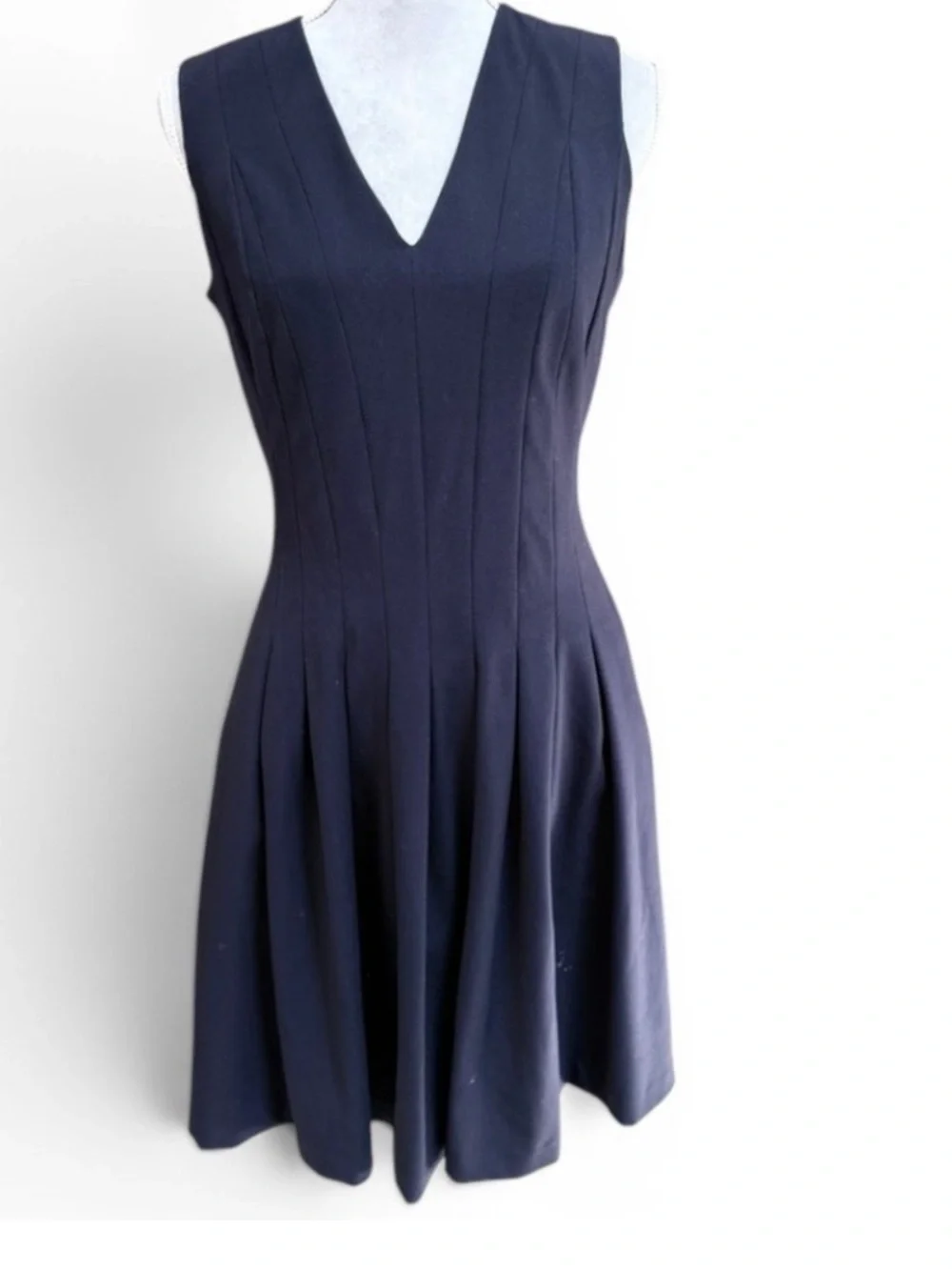Calvin Klein Dress Womens Navy Blue Fit and Flare V-Neck Pleated Sleeveless